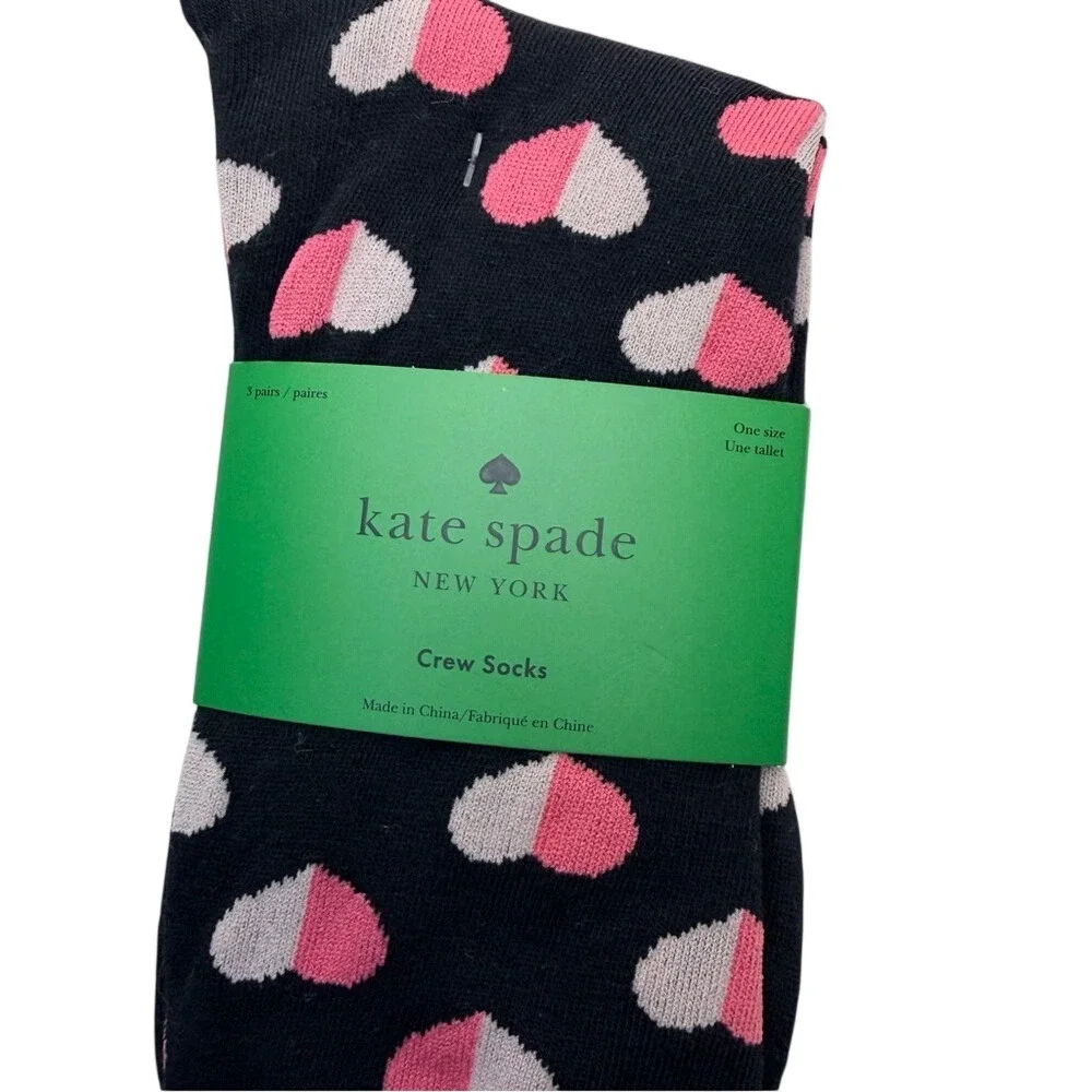 Kate Spade New York 3‎ Pack Crew Socks Black Pink Heart Head Over Heels